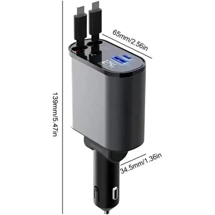 4 in 1 Retractable Car Charger - Super Fast Charging Dual USB Ports, Compatible with iPhone, iPad, Pixel, Tablets, Android Phones