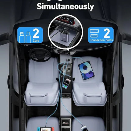 4 in 1 Retractable Car Charger - Super Fast Charging Dual USB Ports, Compatible with iPhone, iPad, Pixel, Tablets, Android Phones