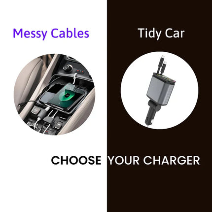 4 in 1 Retractable Car Charger - Super Fast Charging Dual USB Ports, Compatible with iPhone, iPad, Pixel, Tablets, Android Phones