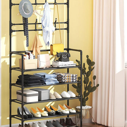 5-Tier Multifunctional Clothes & Shoe Organizer Rack with Hooks