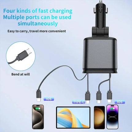 4 in 1 Retractable Car Charger - Super Fast Charging Dual USB Ports, Compatible with iPhone, iPad, Pixel, Tablets, Android Phones